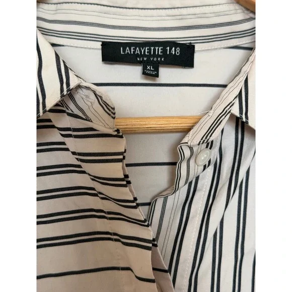Lafayette 148 New York Womens  Mixed Stripe Button Down Shirt Black White Blouse - Picture 3 of 3